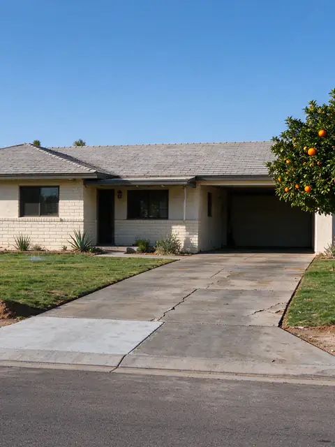 1950s ranch house in Arcadia, Phoenix, with a flood-irrigated lawn, citrus trees and a long concrete driveway