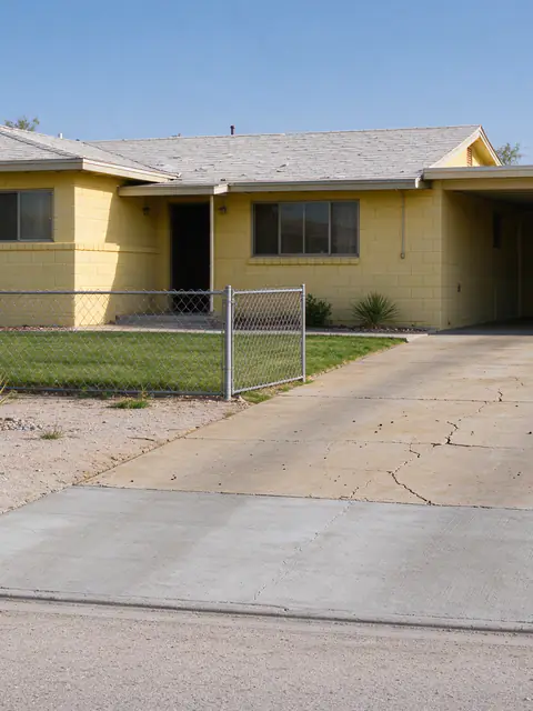 1960s block ranch house in Maryvale with an older single-car concrete driveway and one replaced section