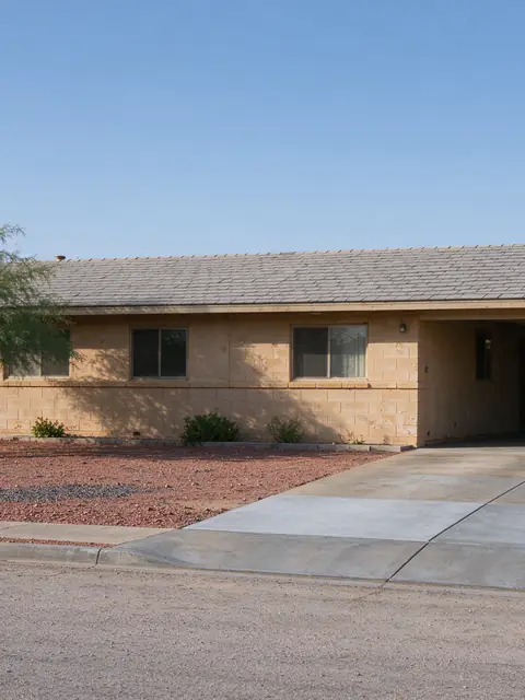1970s block ranch house in Mesa with a carport and a long concrete driveway