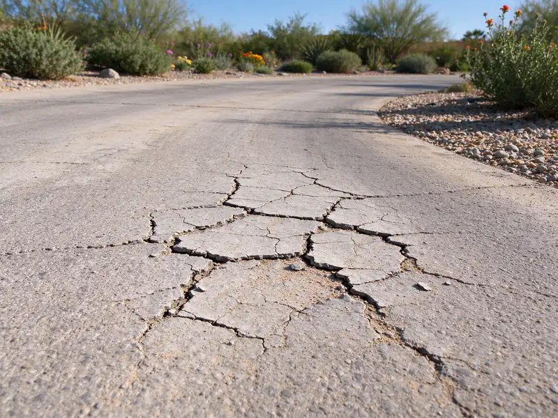 Alligator cracking in the wheel path of an oxidized asphalt driveway in Glendale