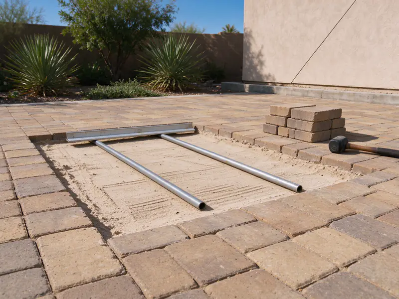 Bedding sand being screeded between two pipes for a paver repair in Scottsdale