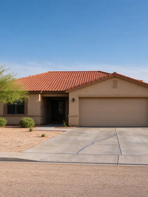 Beige stucco house in a Chandler HOA subdivision with a concrete driveway and a sealed crack