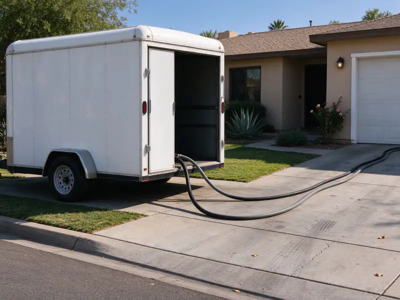 Box trailer with injection hoses running up a concrete driveway in Tempe