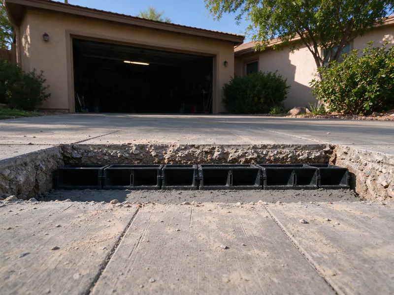 Channel drain sections set in a saw-cut trench across a Gilbert driveway