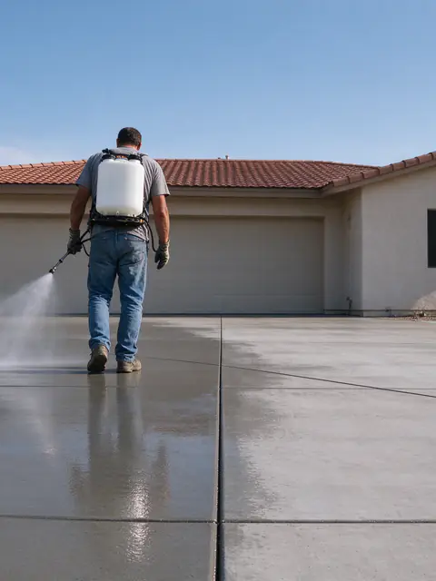 Clear sealer being sprayed on a concrete driveway in Tempe, the sealed half slightly darker