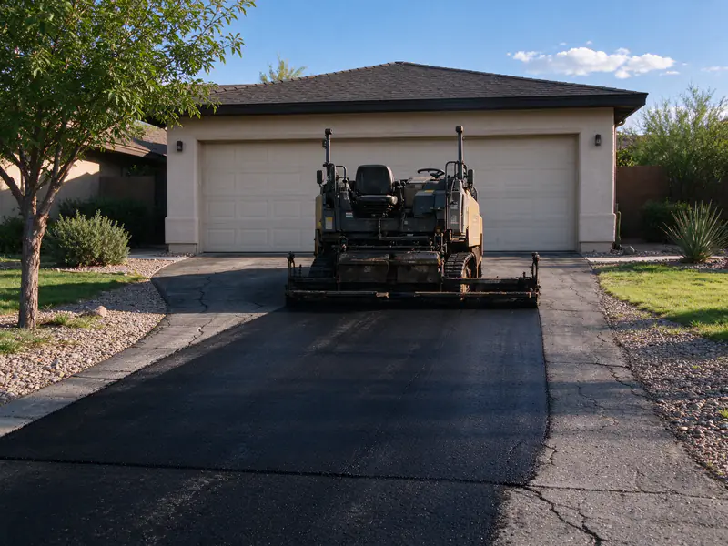 Compact paver laying a new asphalt layer over an old asphalt driveway in Mesa