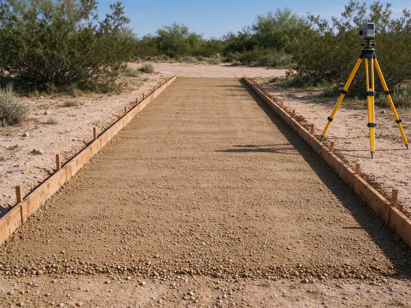 Compacted driveway base between wood forms with a laser level on a tripod in Queen Creek
