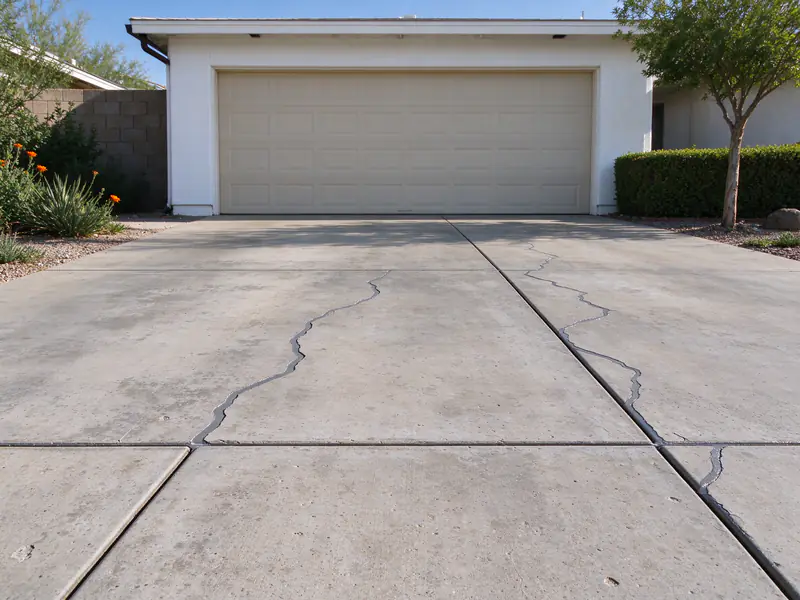 Concrete driveway in Chandler with cracks sealed as narrow gray lines