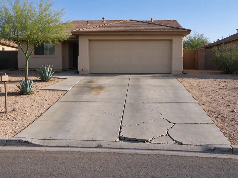 Concrete driveway in Phoenix with a broken, sunken panel near the street