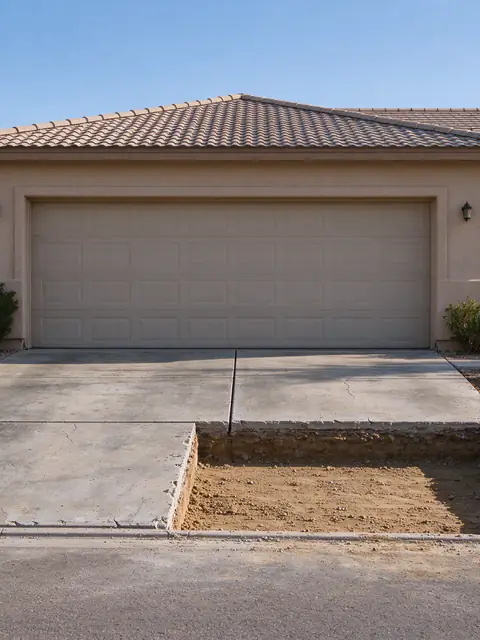 Concrete driveway in Phoenix with one panel saw-cut out at its joints and compacted base ready for new concrete