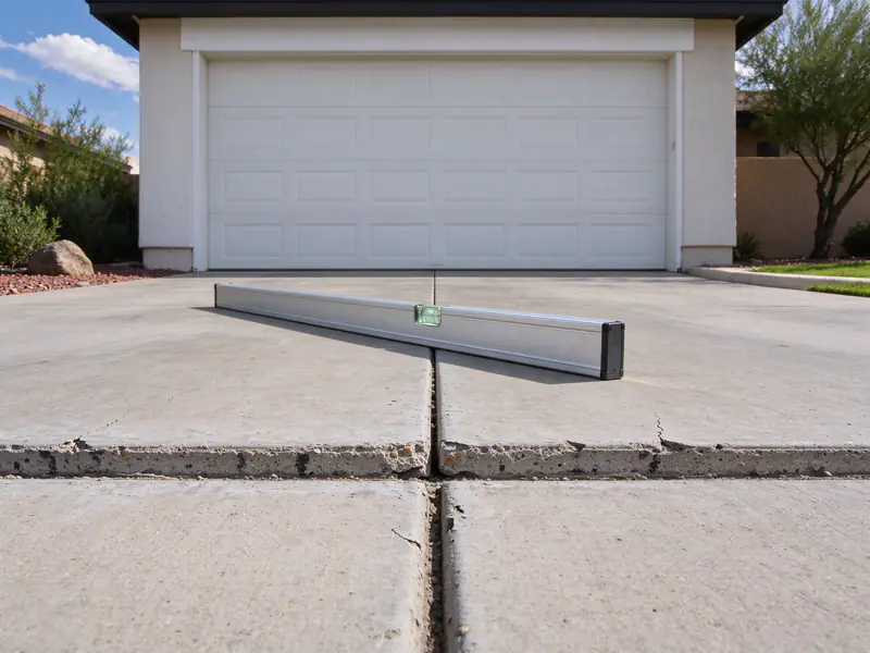 Concrete driveway in Tempe with a settled panel leaving a step at the joint and a level resting on the slab