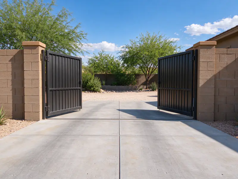Concrete RV pad running through an open steel gate in a block wall in Peoria