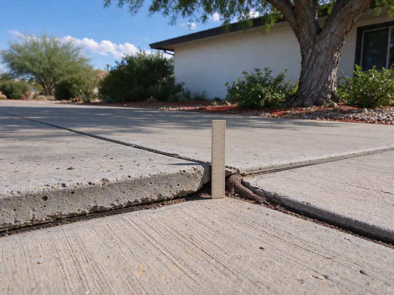 Concrete slab edge raised about an inch by a tree root at a Phoenix driveway
