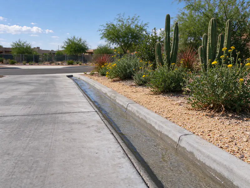 Concrete swale along the edge of a Gilbert driveway carrying water to the street