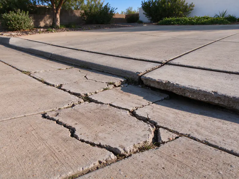 Cracked and broken driveway apron at a roll curb in Phoenix