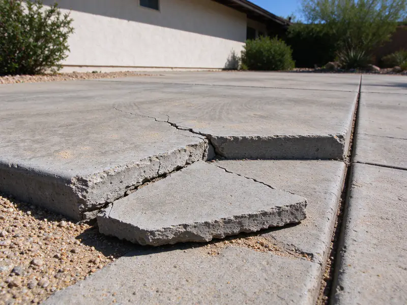 Cracked corner of a concrete driveway panel in Phoenix that has settled below the rest of the slab