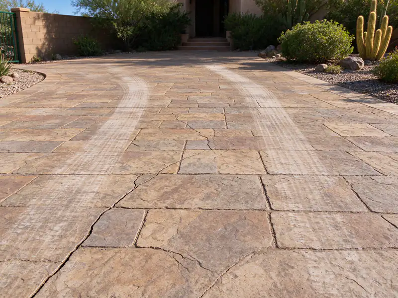 Cracked, faded ashlar-pattern stamped concrete driveway in Scottsdale