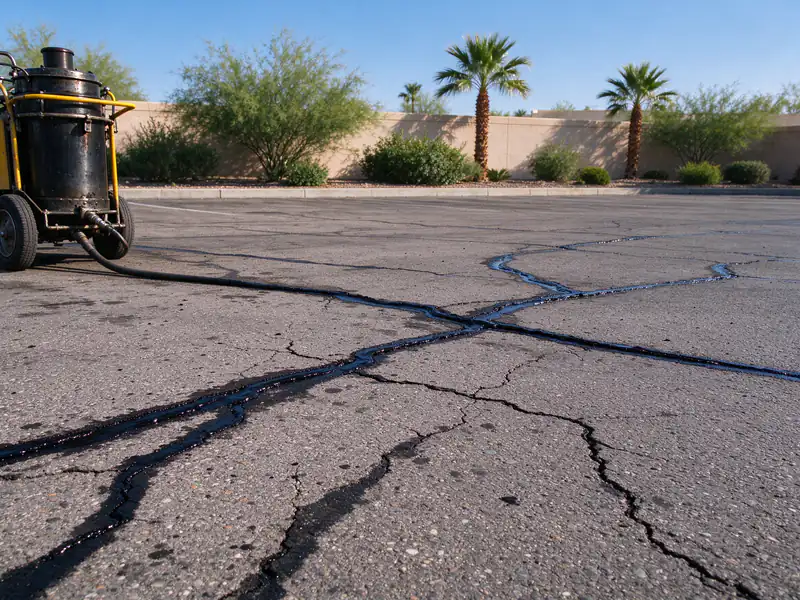 Cracks sealed with black rubberized sealant across a Glendale parking lot
