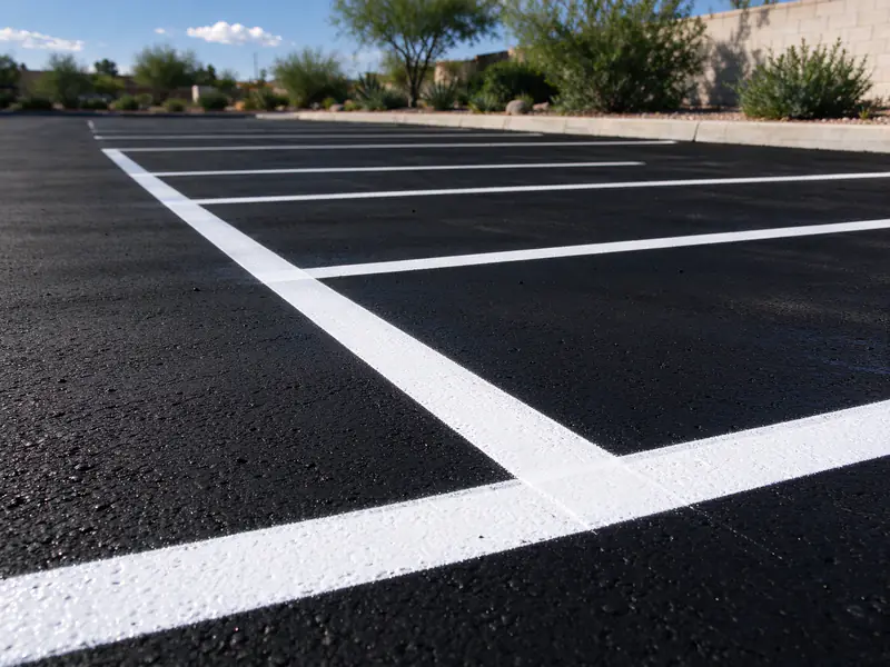 Crisp fresh white stall lines on new black sealcoat in Mesa