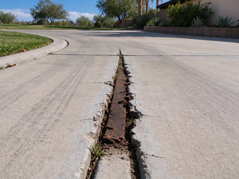 Deteriorated fiberboard expansion joint with weeds in a Chandler driveway
