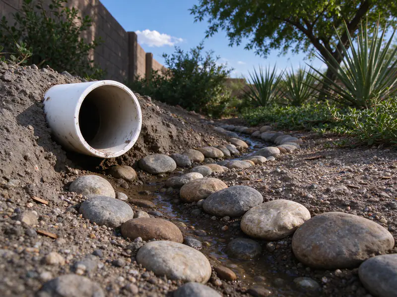 Driveway drain pipe outlet into a rock-lined channel in a Gilbert side yard