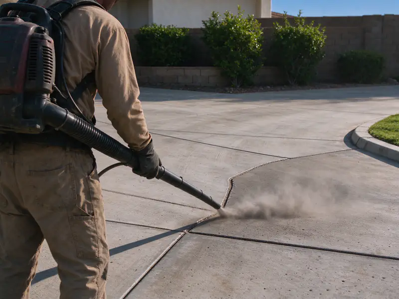 Dust being blown out of a routed crack in a concrete driveway in Chandler before sealing