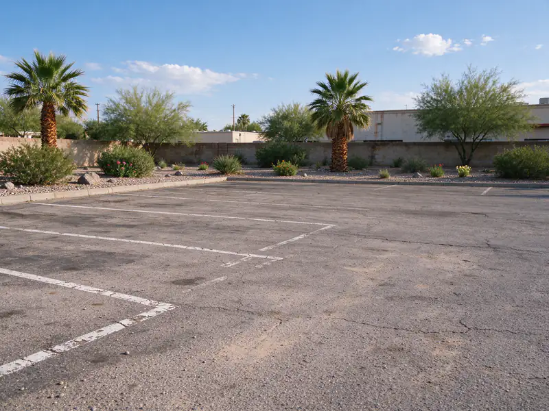 Faded white stall lines on an old asphalt parking lot in Mesa