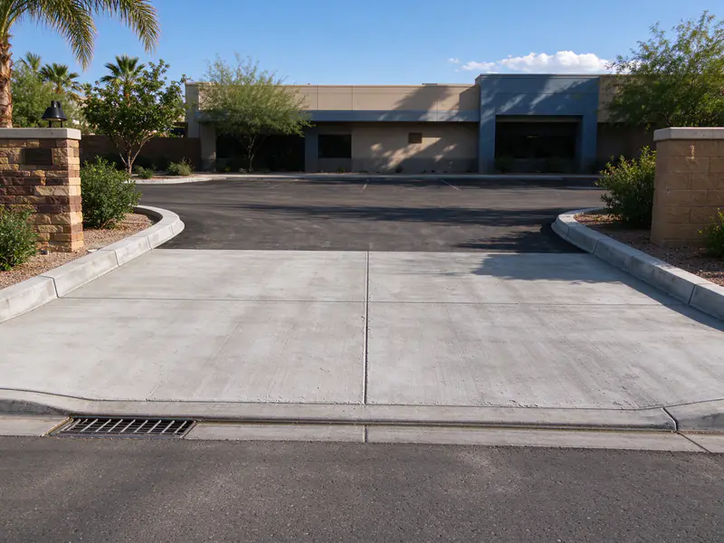 Finished concrete commercial driveway entrance into an asphalt lot in Tempe