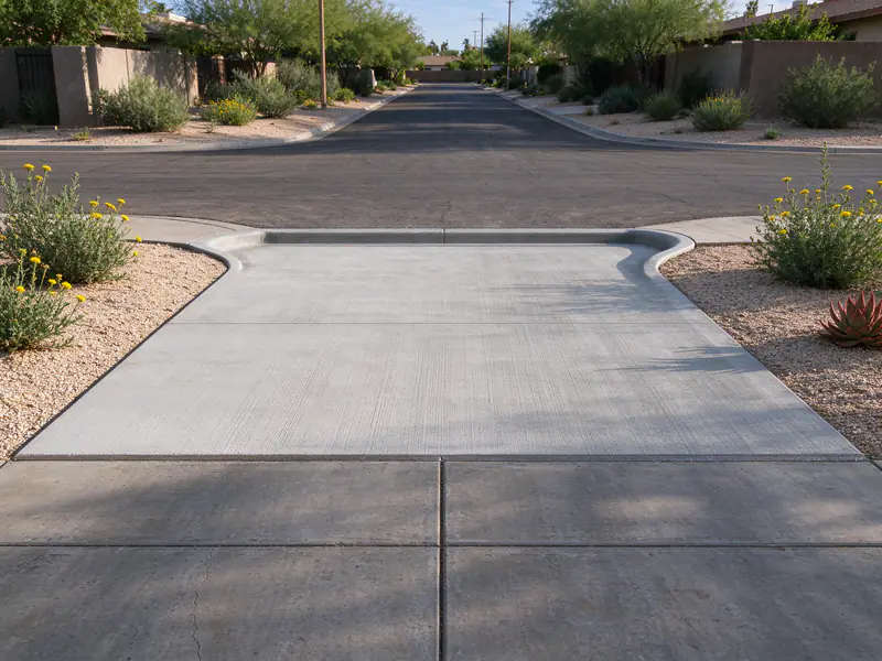 Finished concrete driveway apron sloping to a roll curb in Phoenix