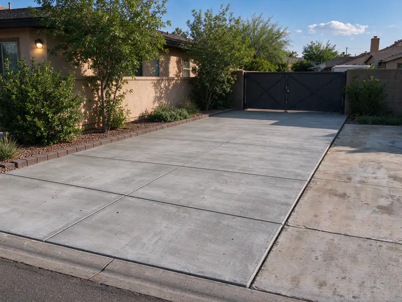 Finished concrete RV pad along the side of a Peoria house
