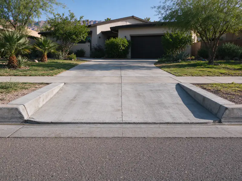 Finished curb cut in Mesa seen from the street, the curb dropped at the apron with sloped wings at each end