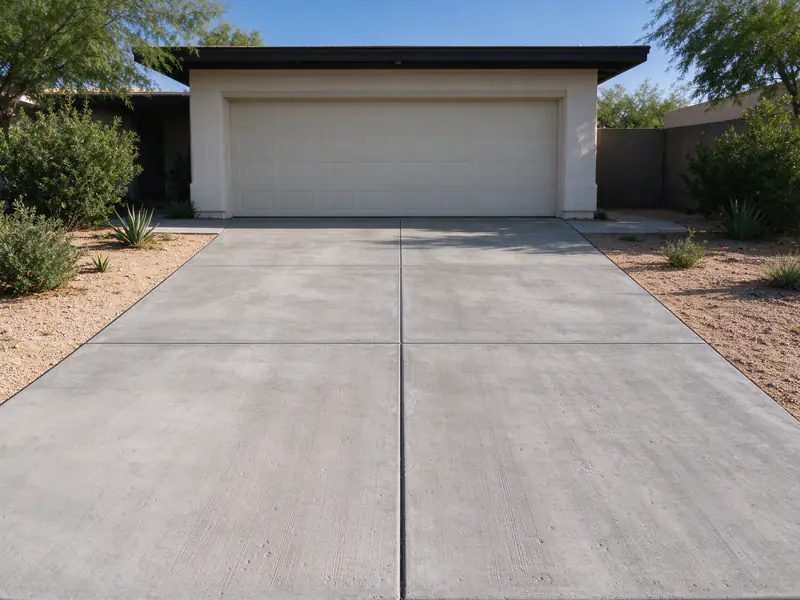 Finished new broom-finished concrete driveway with clean control joints in Gilbert