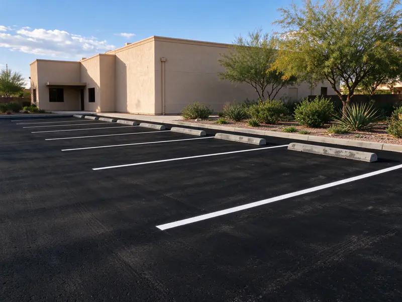 Finished sealcoated and striped parking lot with concrete wheel stops in Mesa