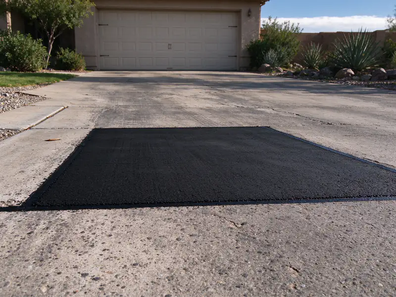 Finished square-edged asphalt patch in a pale gray asphalt driveway in Glendale