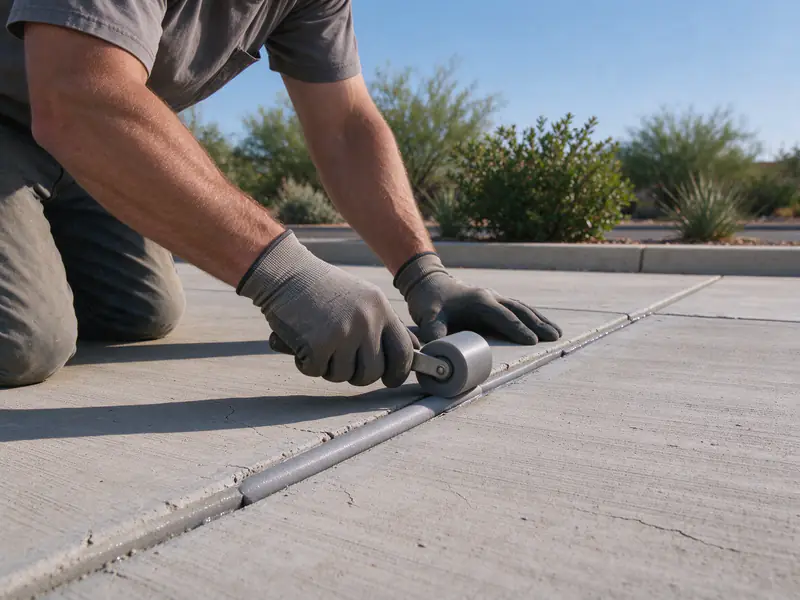 Foam backer rod being rolled into a driveway expansion joint in Chandler