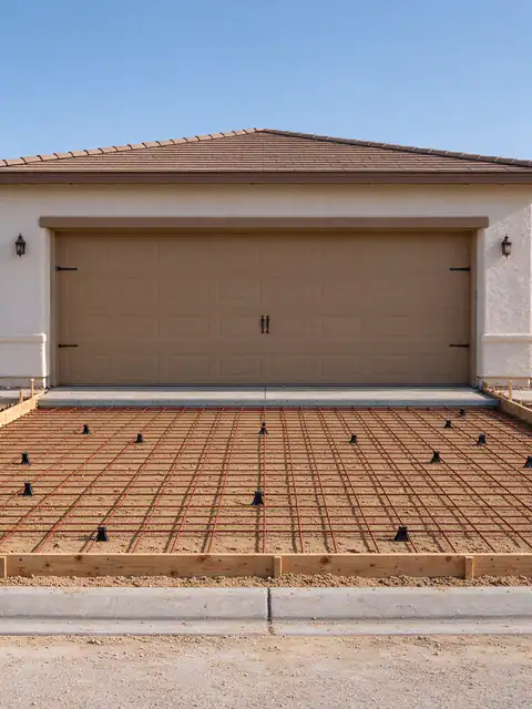 Formed and compacted driveway base with rebar on chairs before a new concrete pour in Gilbert