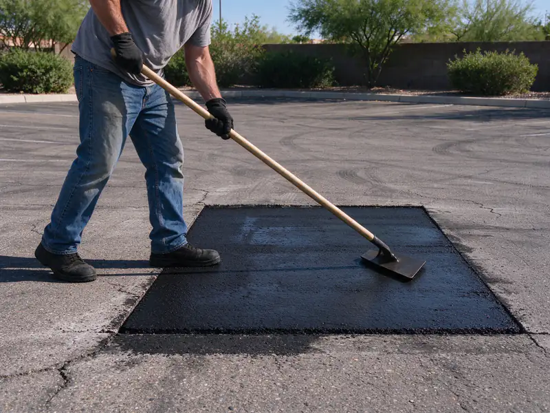 Fresh asphalt being spread with a lute inside a saw-cut parking lot patch in Glendale