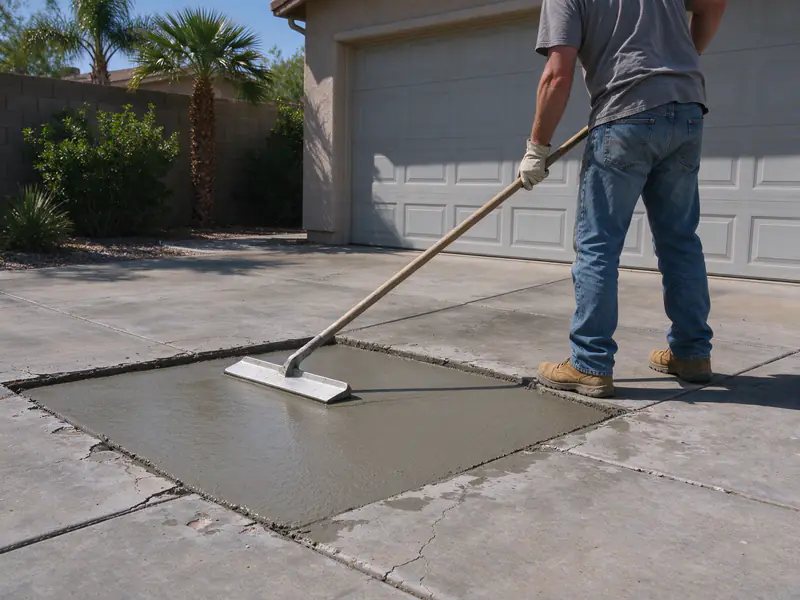 Fresh concrete being bull floated in a replacement driveway panel in Phoenix