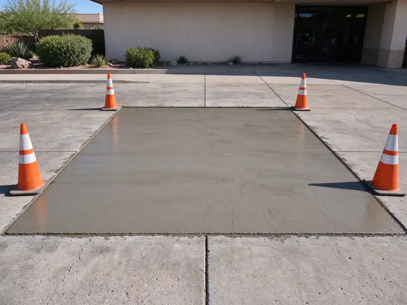 Fresh concrete in a coned-off commercial driveway repair in Tempe