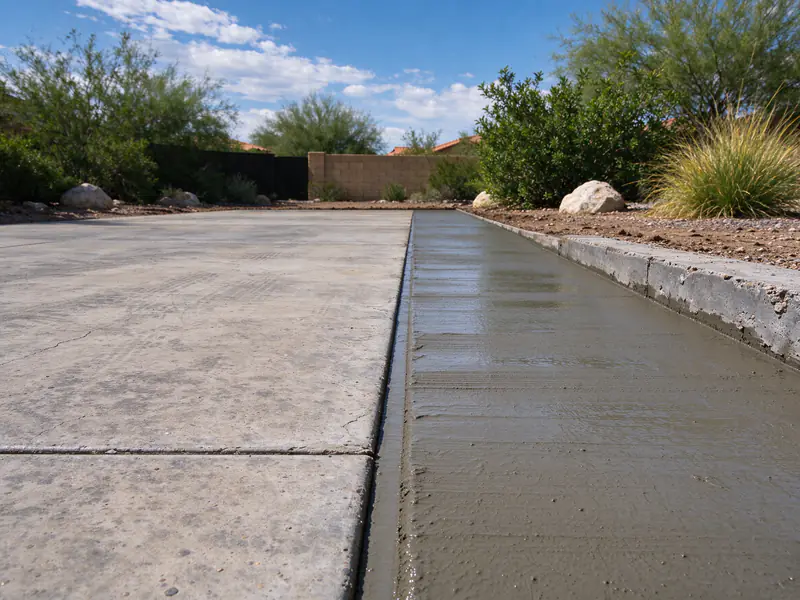 Fresh concrete in a driveway extension beside the existing slab in Surprise