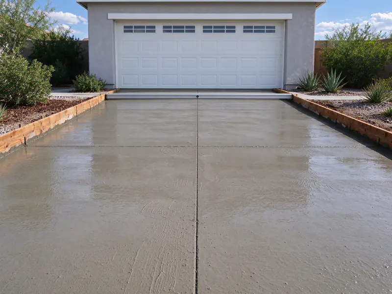 Freshly screeded concrete inside wood driveway forms in Gilbert