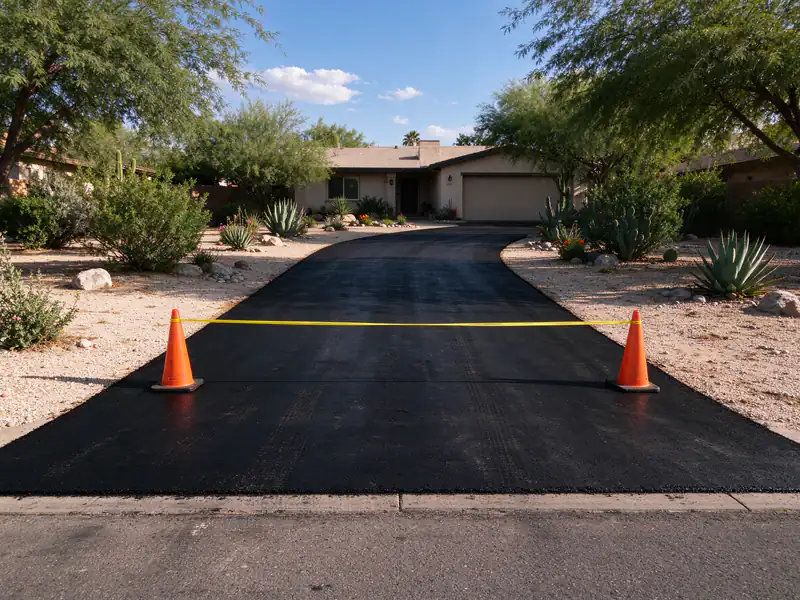 Freshly sealcoated black asphalt driveway in Peoria taped off while it dries