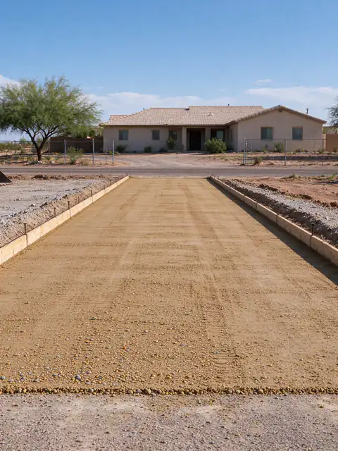 Gravel driveway on a Queen Creek rural lot scraped back and formed for concrete