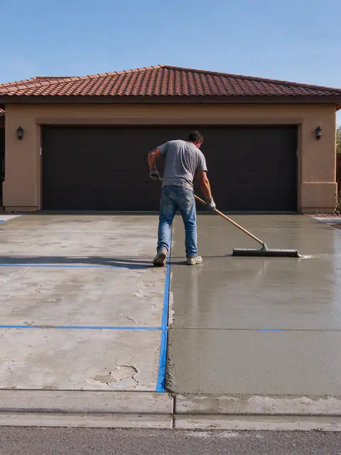 Gray cement overlay being spread with a squeegee over a worn concrete driveway in Mesa