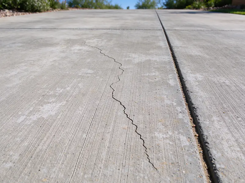 Hairline crack wandering beside a saw-cut control joint in a Chandler concrete driveway