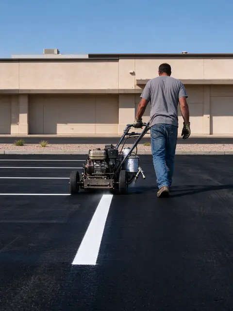 Line-striping machine painting white stall lines on a freshly sealcoated Mesa parking lot