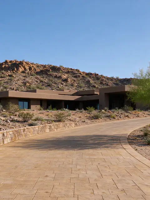 Long curving paver driveway climbing to a hillside estate home in Paradise Valley