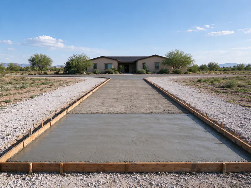 Long rural driveway in Queen Creek partly poured with fresh concrete