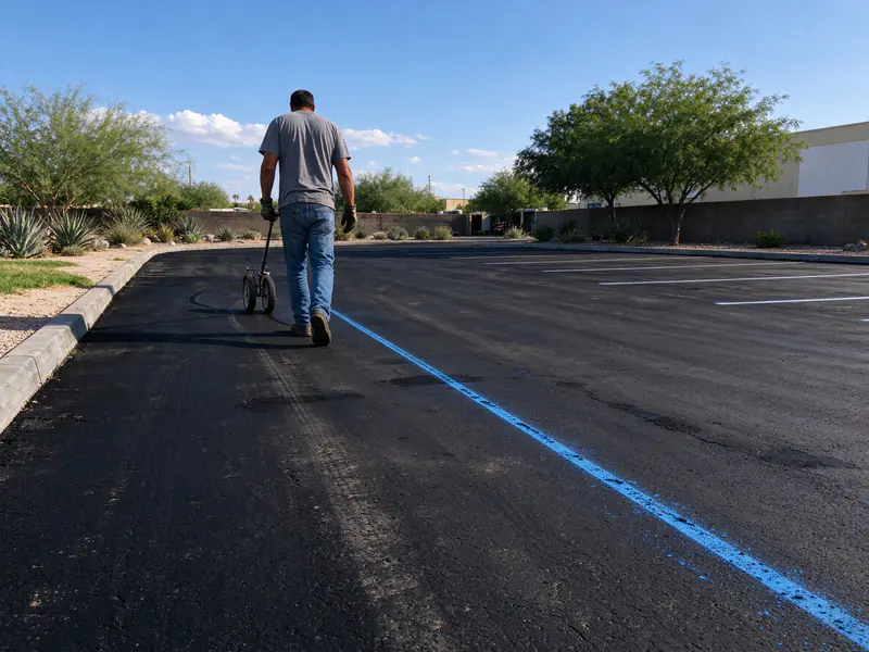 Measuring wheel and chalk line layout on a sealcoated Mesa parking lot