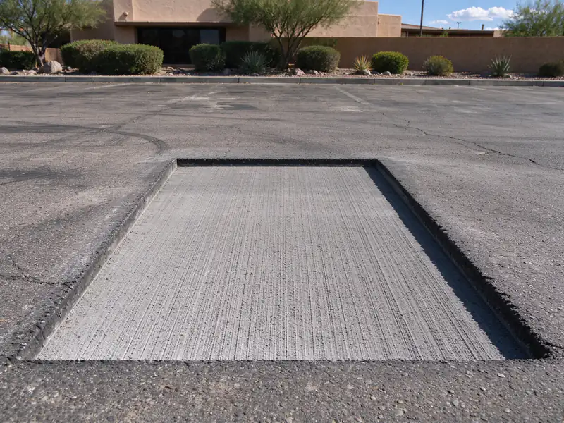 Milled rectangular area in an asphalt parking lot in Glendale ready for new asphalt